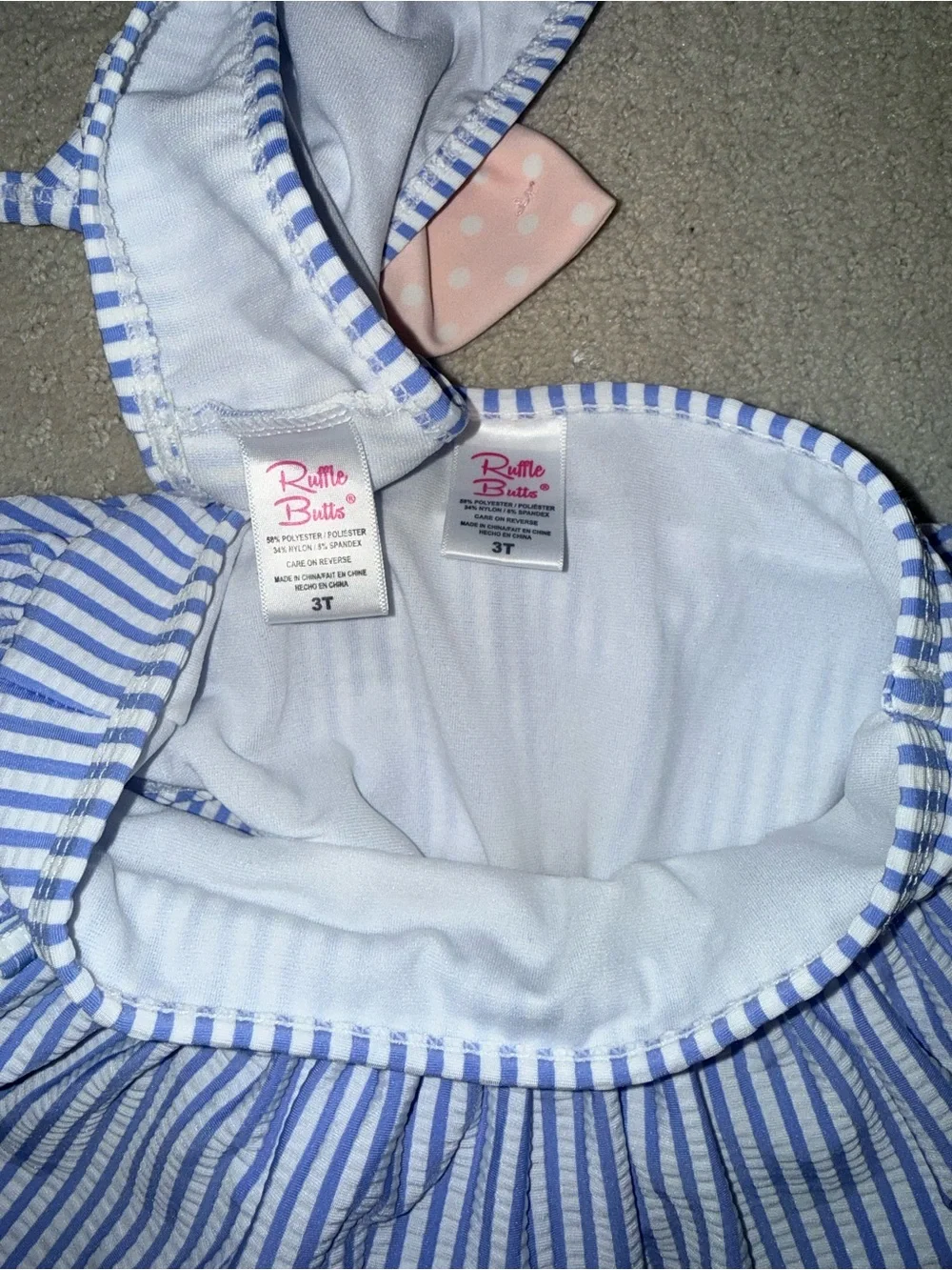 Ruffle Butts blue and white seersucker swimsuit with pink bow 3T